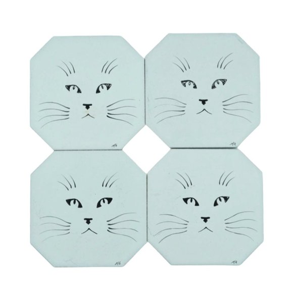 Vintage Kitty Cat Coasters In Wood Holder Porcelain Tiles Signed MG Set of 4 Hom - Picture 5 of 10